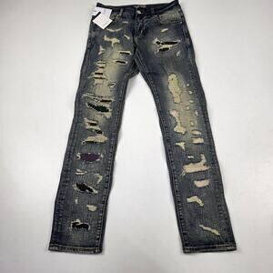 Lifted Anchors Jeans Mens 30 Dark Blue Distressed Ripped Destroyed Skinny Denim
